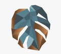 Abstract geometry polygonal tropical leaf, low poly vector illustration, gold and blue Monstera on white background